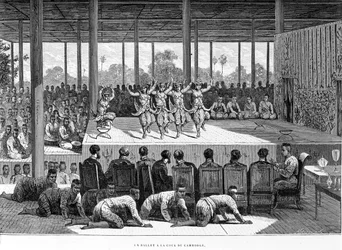Een dansvoorstelling in Cambodja, illustratie uit 